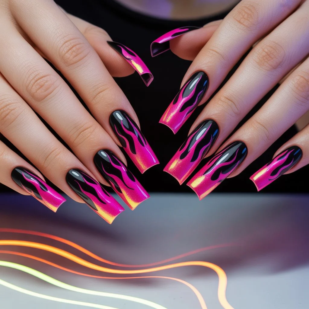 Neon Fuchsia Flame Nails