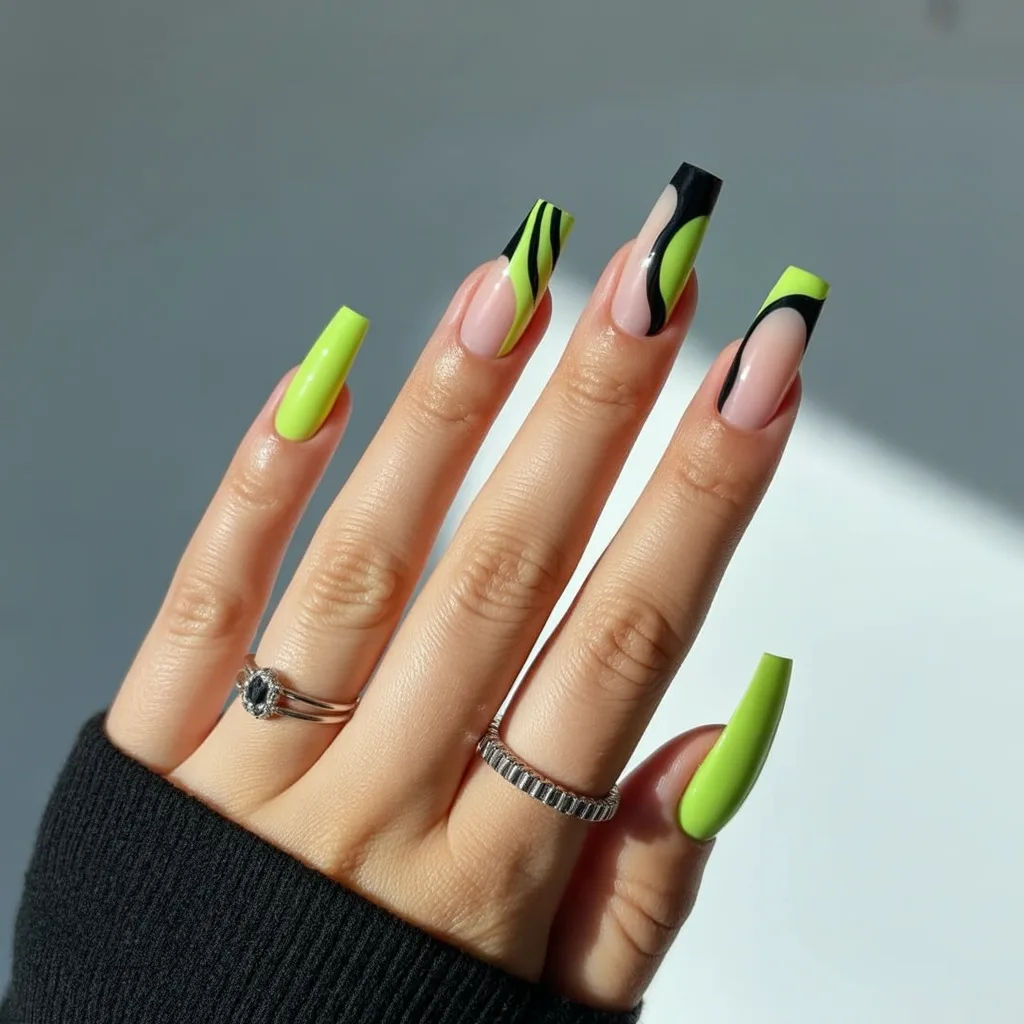 Neon Lime + Deep Black Graphic Nails