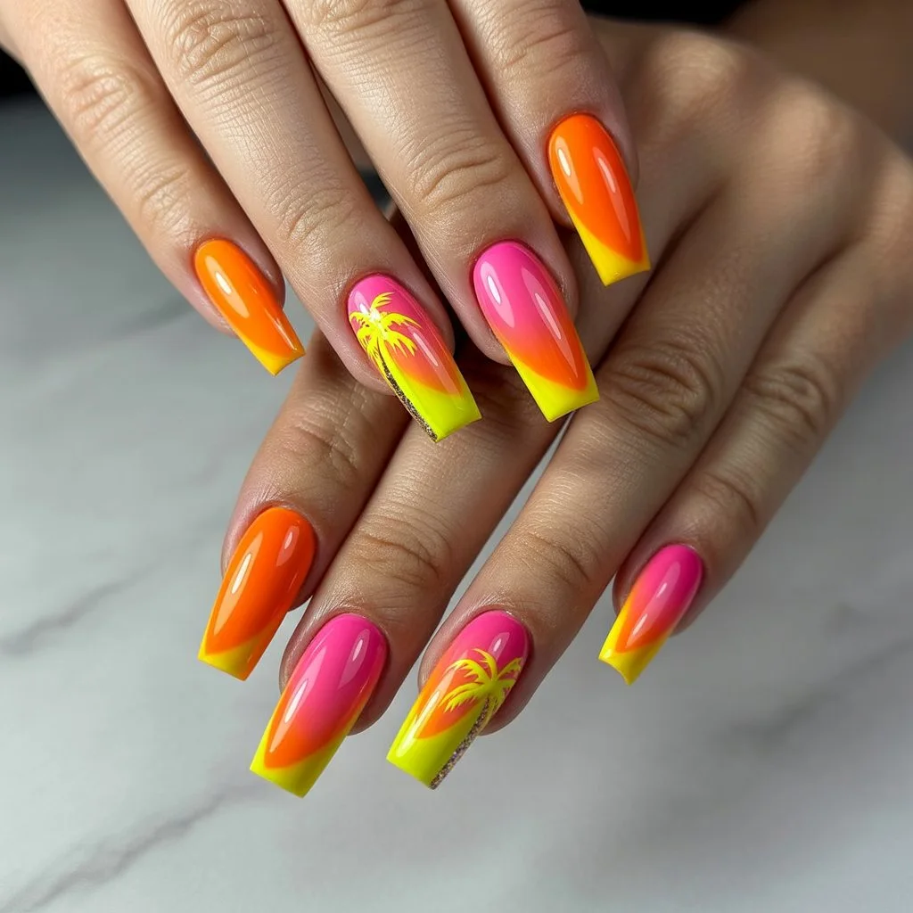Neon Mango Burst Nails