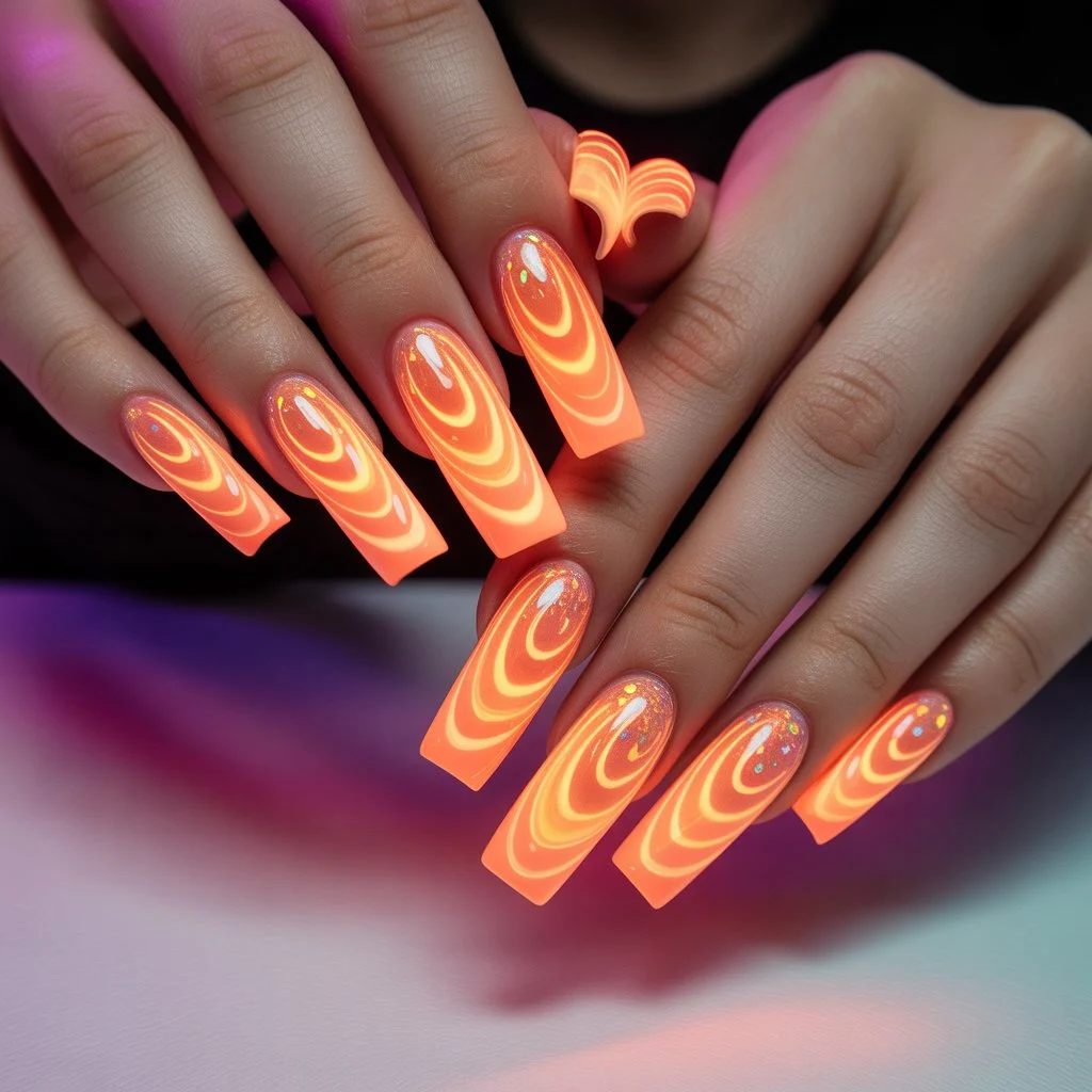 Neon Orange Glow Swirls Nail
