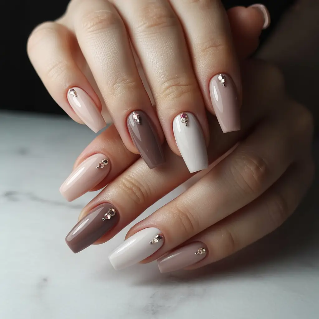  Neutral Acrylics with Micro Rhinestones Nails