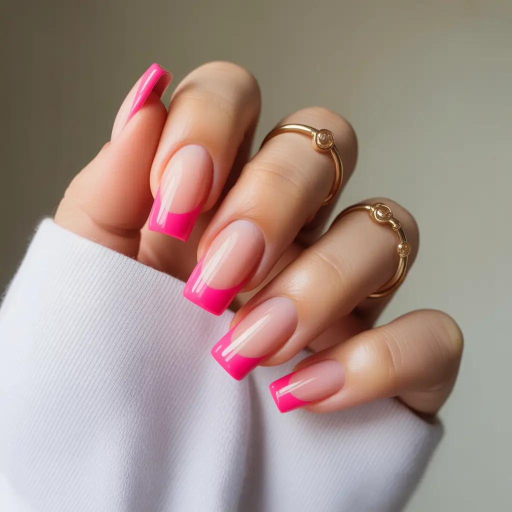 Nude Base with Hot Pink French Tips Nail