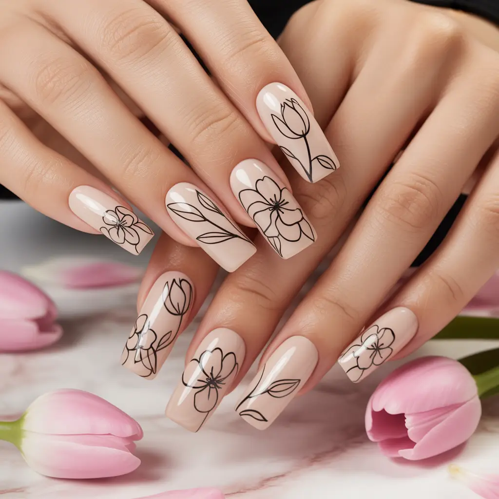 Nude Floral Outline Nails