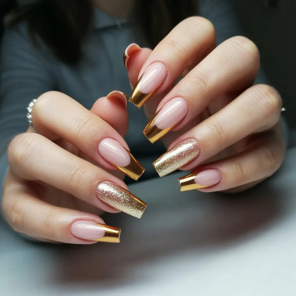 Nude Gold Glow Ombre Nails