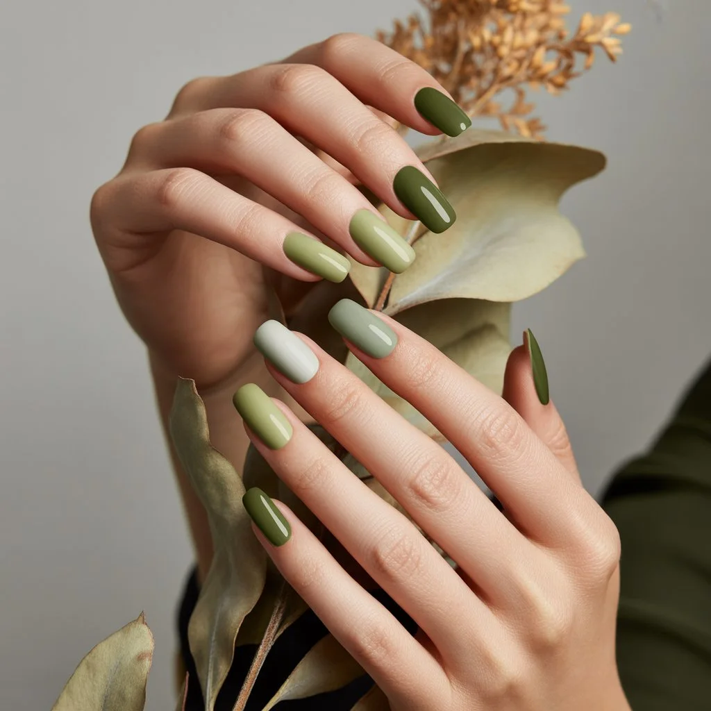 Olive Green Soft-Blend Squares Nail
