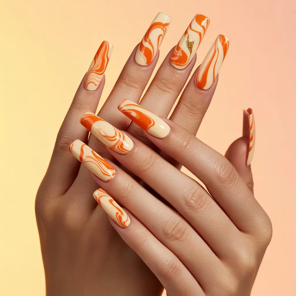 Orange Cream Swirl Nails