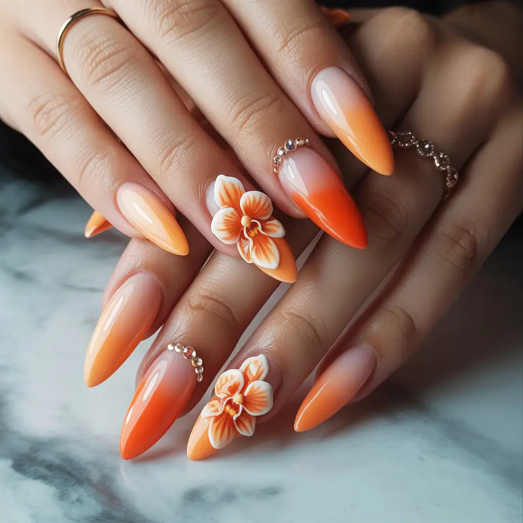 Orange Orchid Accent Nails