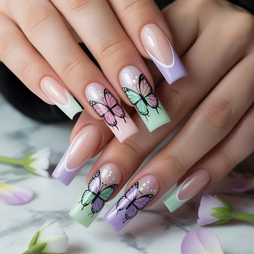 Pastel Butterfly French Tips nail