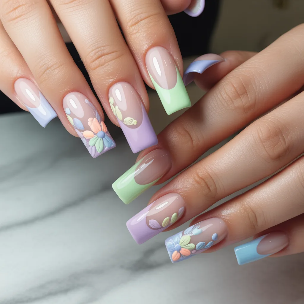 Pastel French Tips with Petals Nails