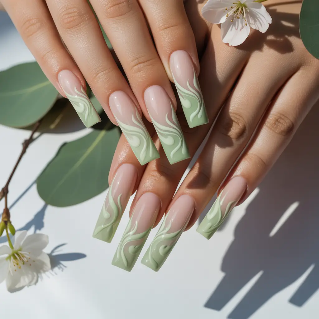 Pastel Green Swirl Tips Nail