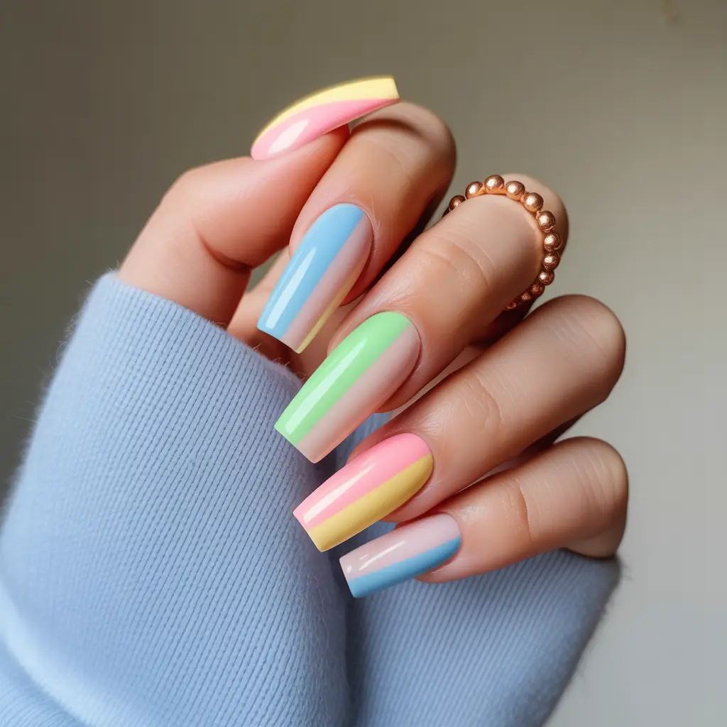 Pastel Rainbow Coffin Set Nails Design