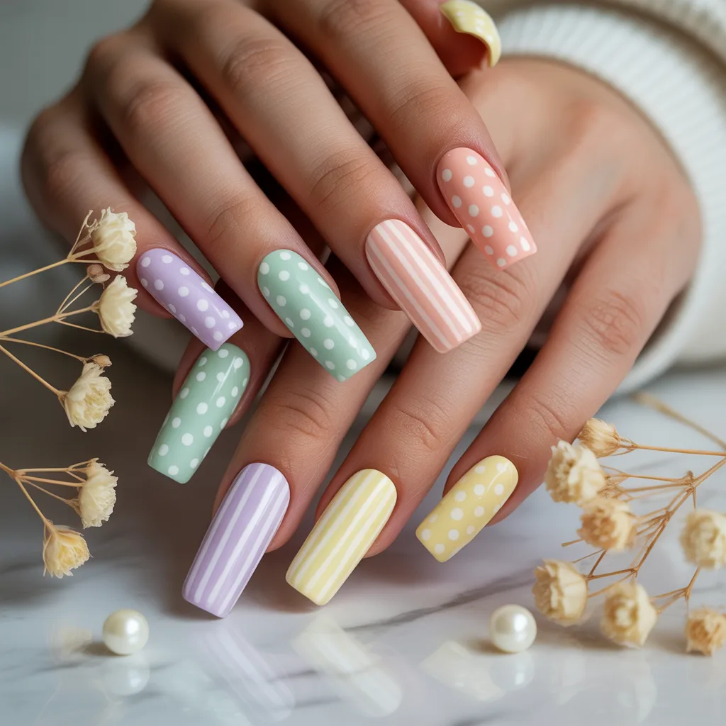 Pastel Stripes & Polka Mix Nails