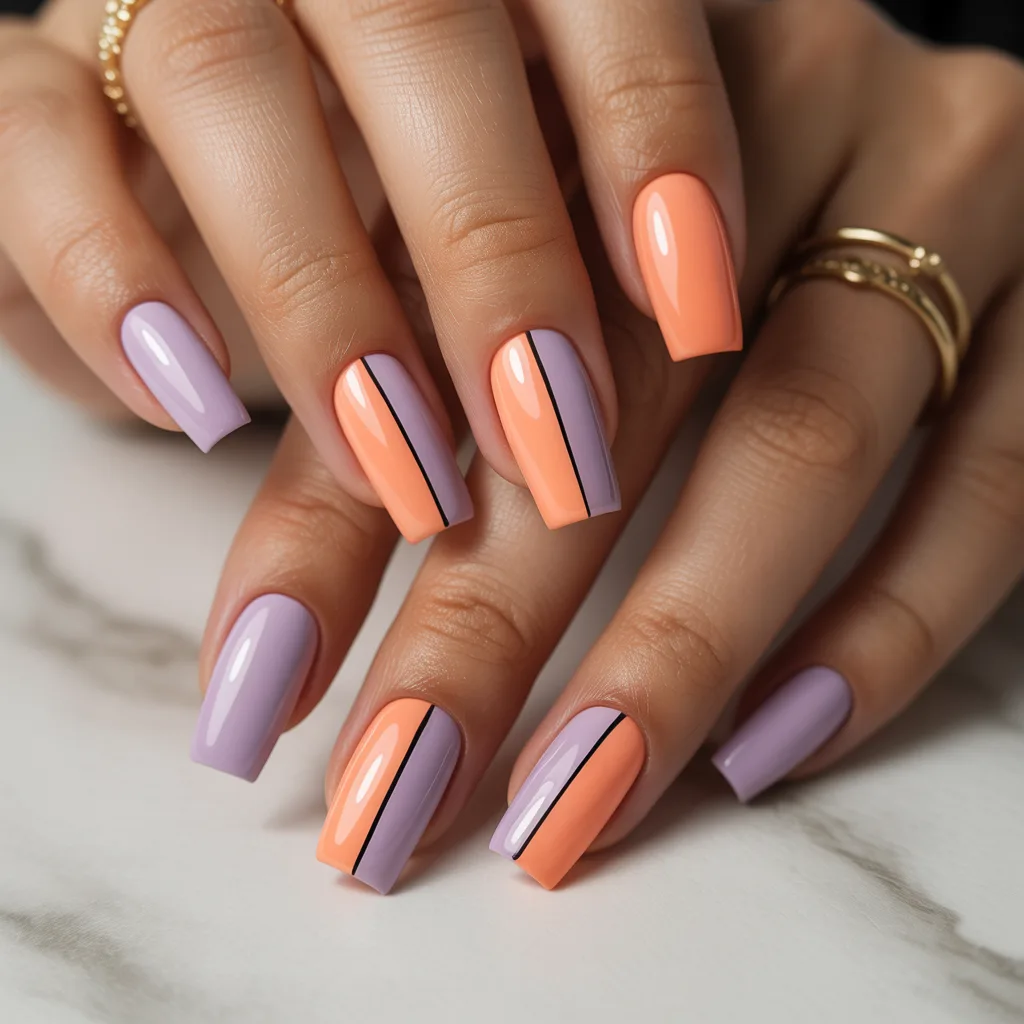 Peach & Lilac Color Block Nails