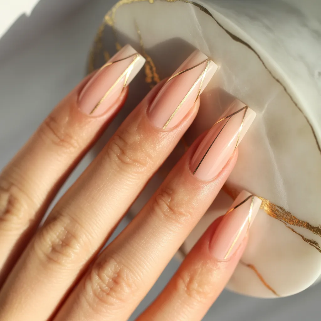 Peachy Nude with Gold Stripes Nails