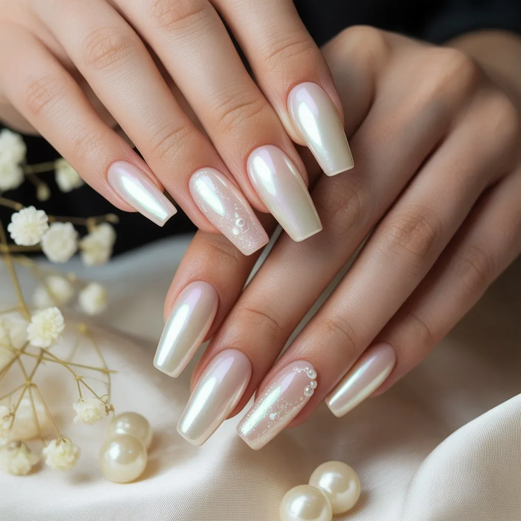 Pearl-Dew Ombre Acrylic Nails