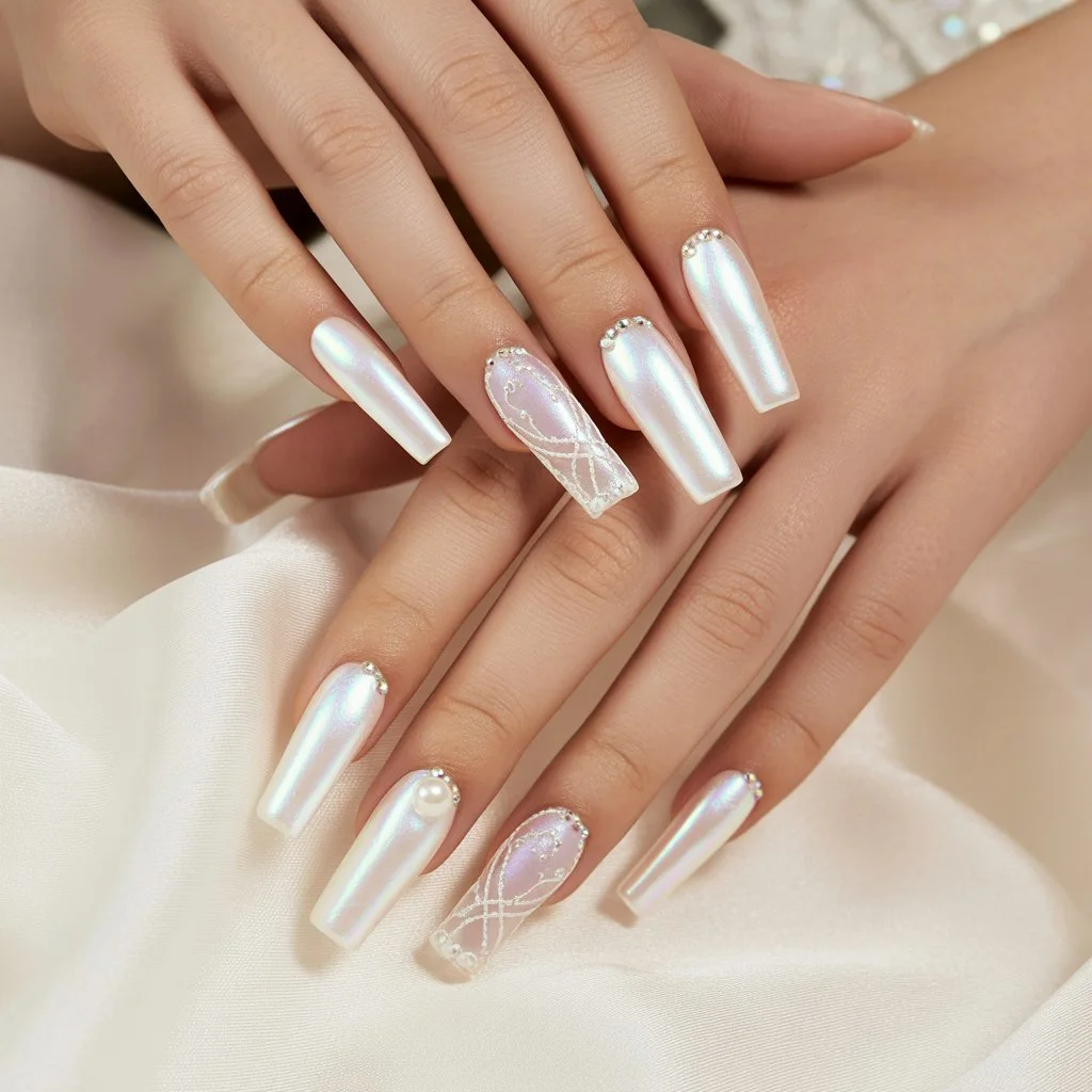 Pearl Veil White Nails