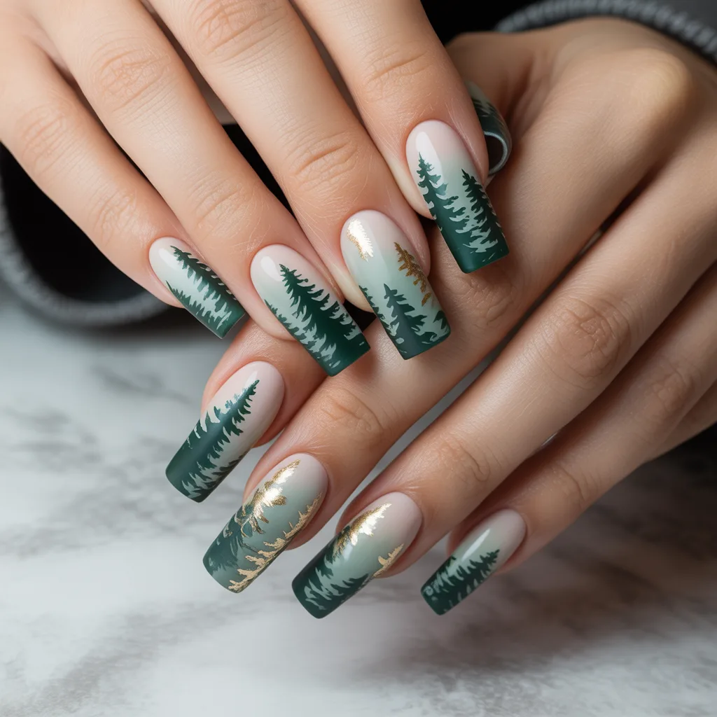 Pine Tree Silhouette Nails
