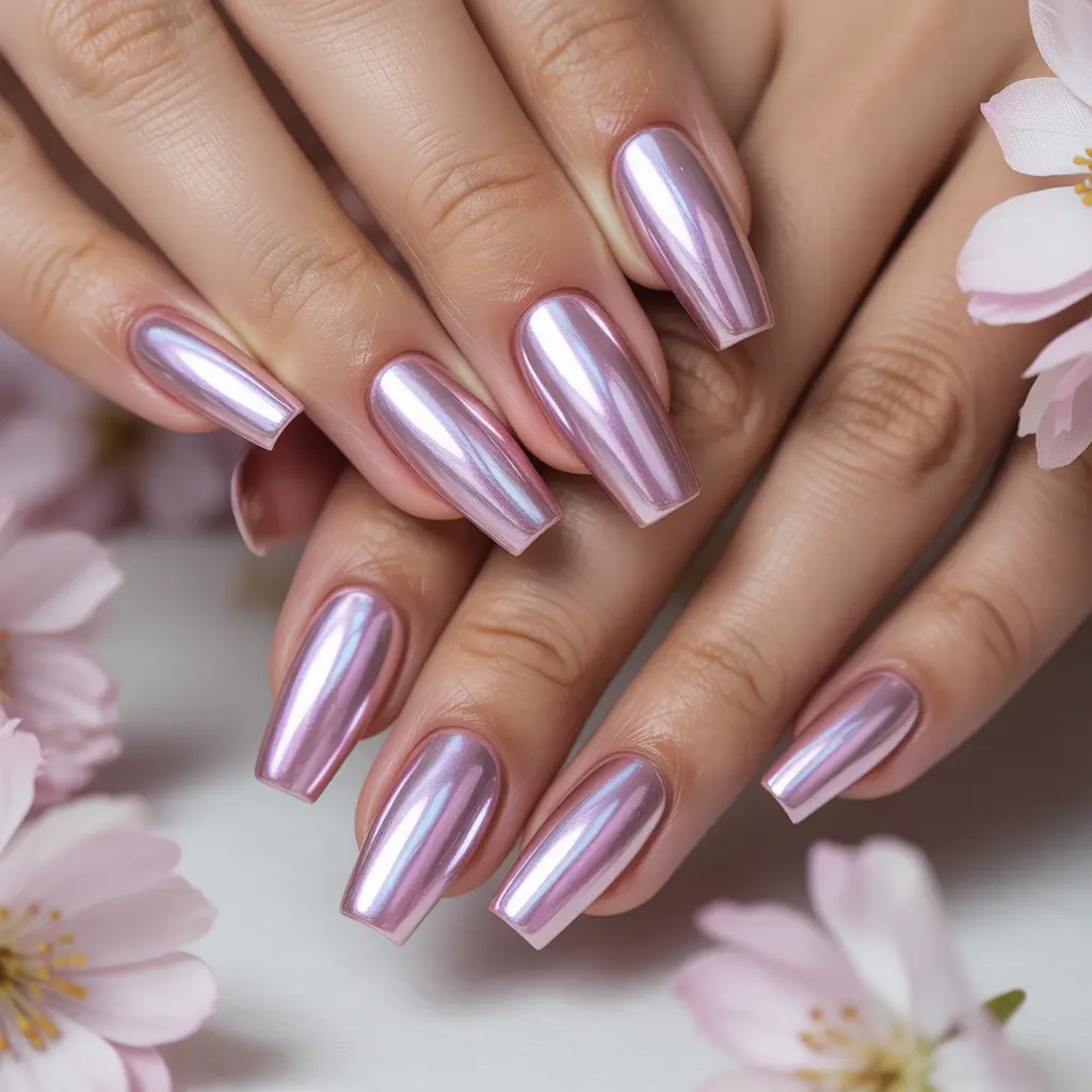 Pink Chrome Iridescent Coffins Nail