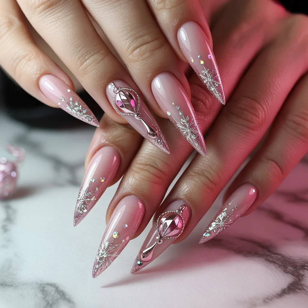 Pink Crystal Ornament Accent Nails