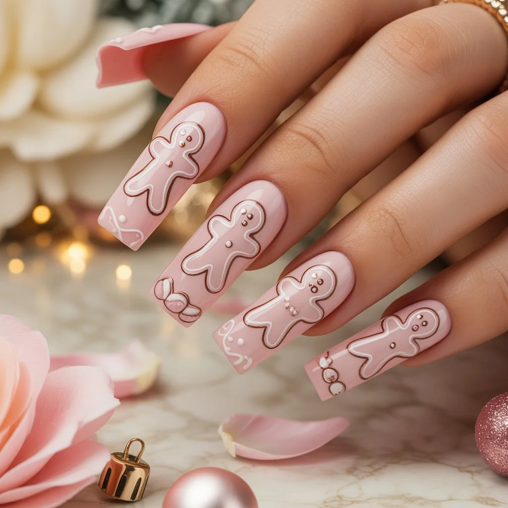 Pink Gingerbread Outline Nails