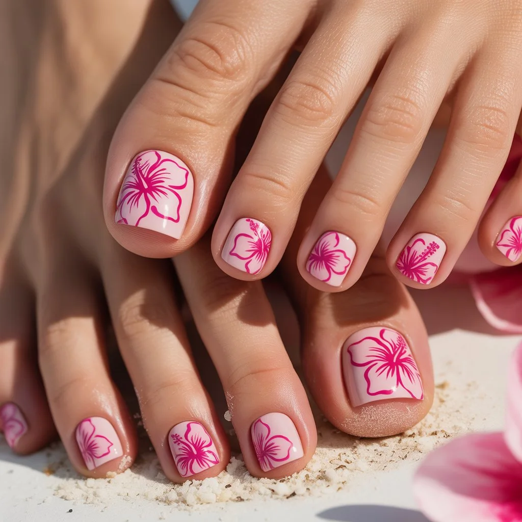 Pink Hibiscus Outline Toes Nail