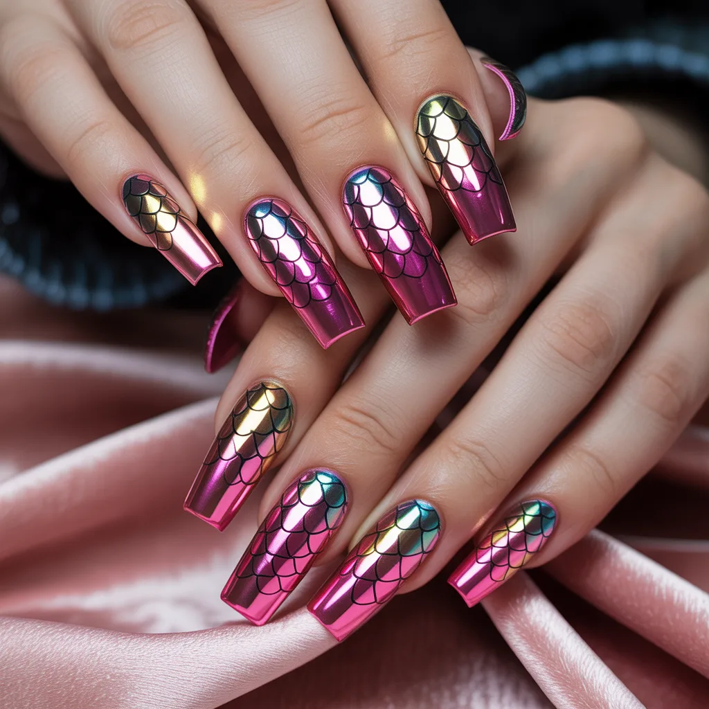 Pink Mermaid Scale Chrome Nails