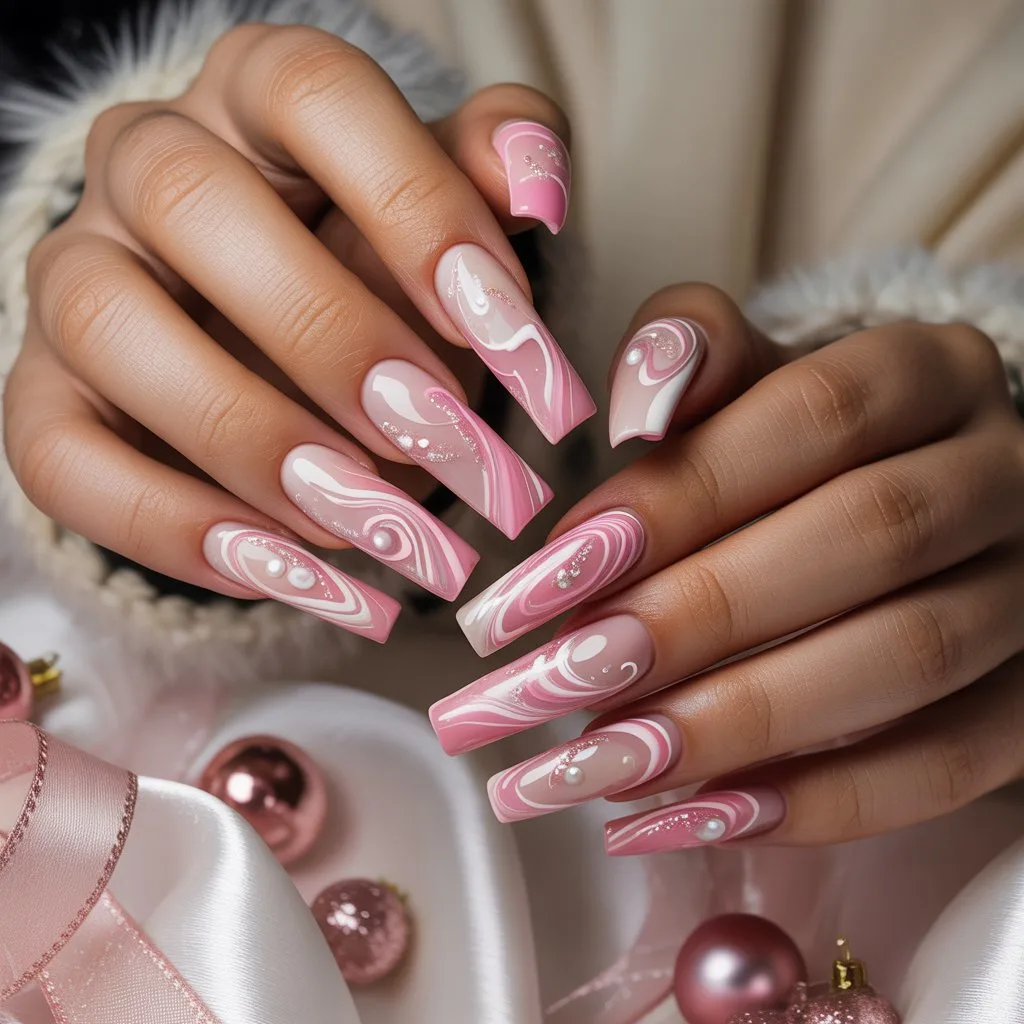 Pink Peppermint Swirl Art Nails