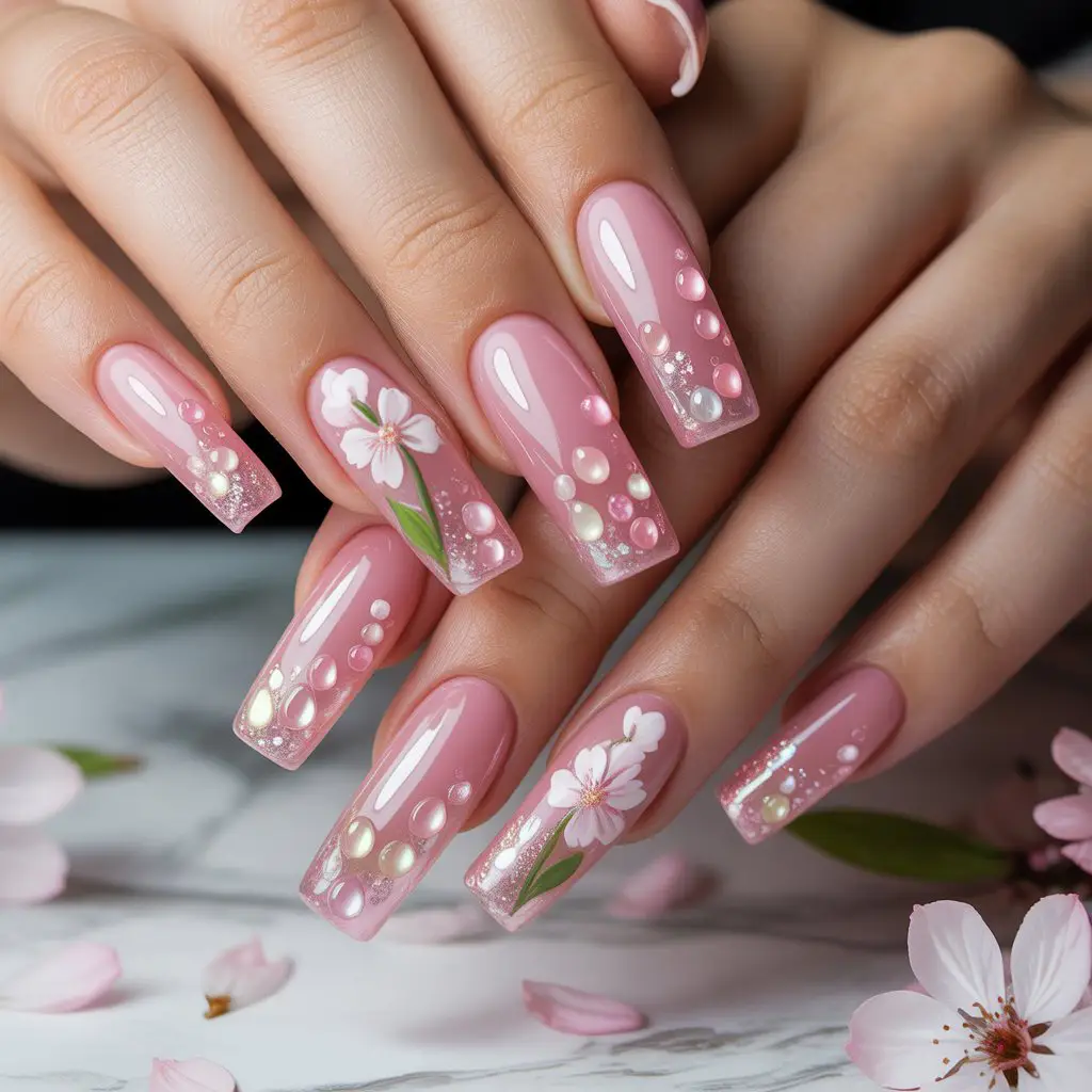 Pink Raindrop Gloss Nails
