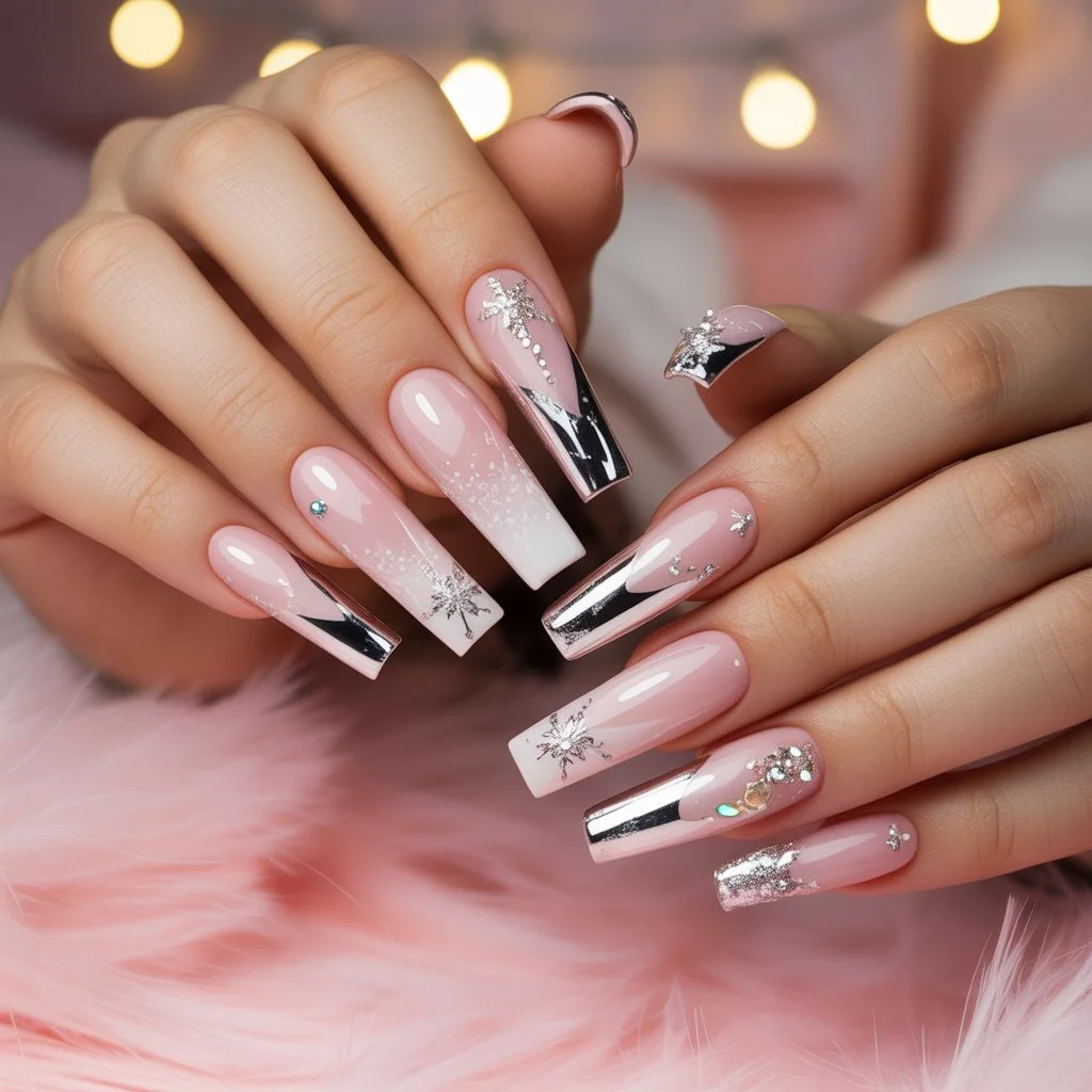 Pink Snowy Chrome Tips Nail
