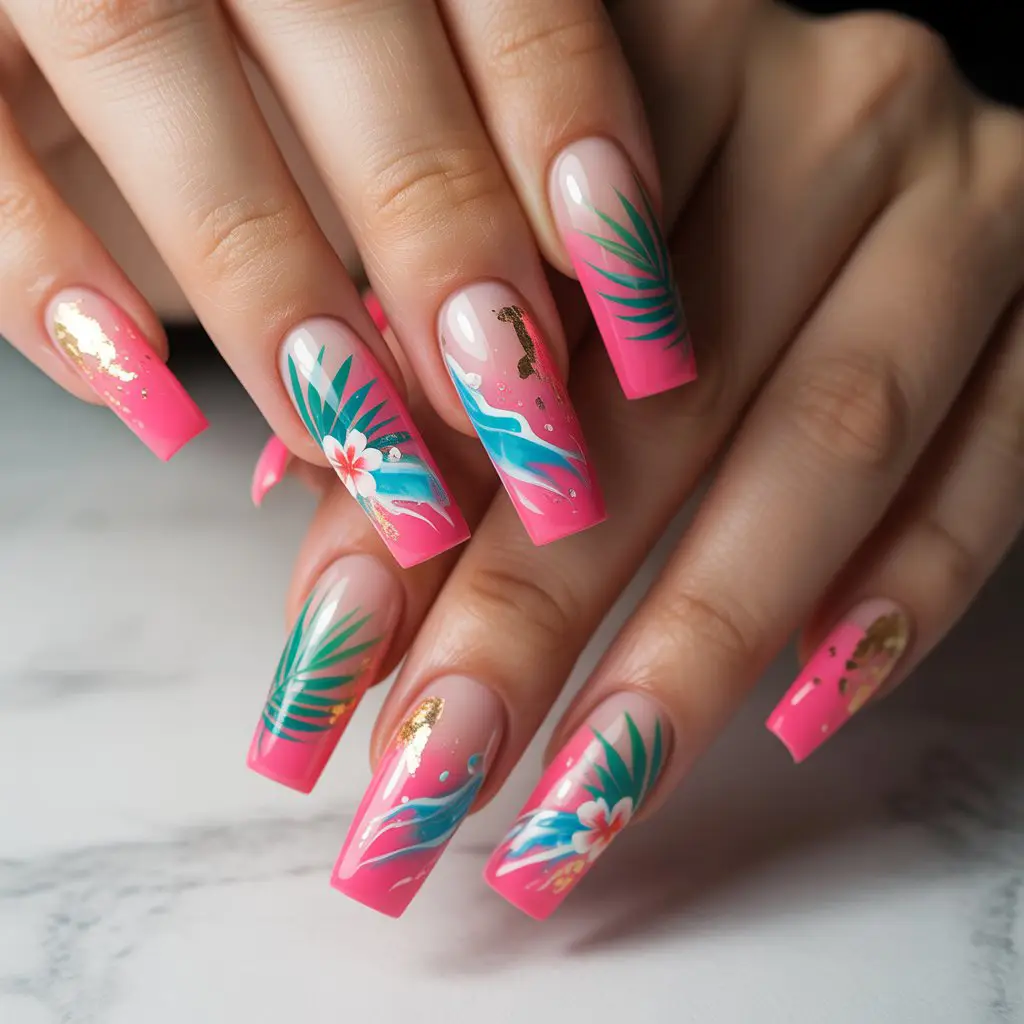 Pink Tropical Splash Nails