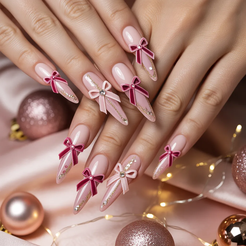 Pink Velvet Ribbon Nails