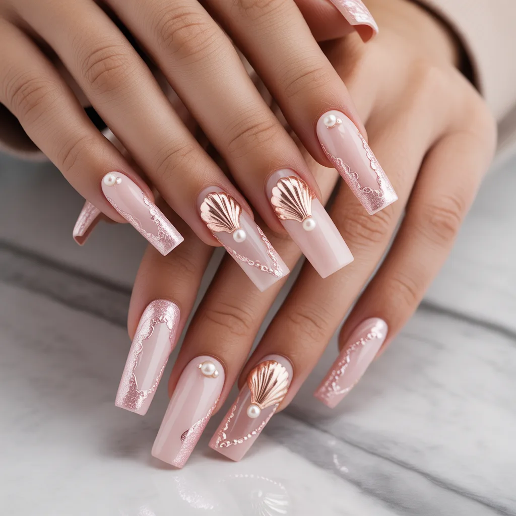 Pink with Gold Shell Accents Nails