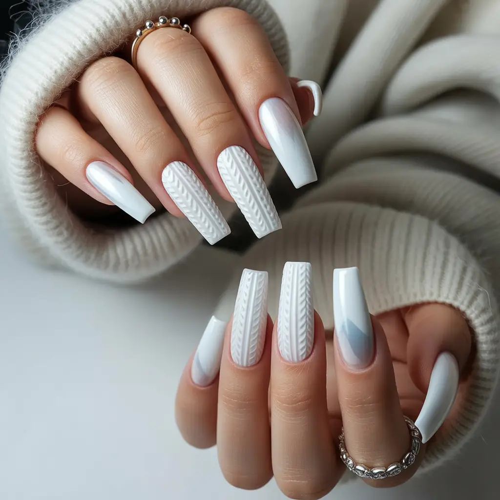 Polar White Knit Texture Nails
