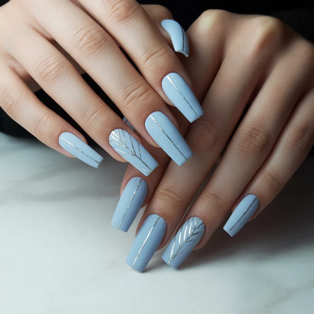 Powder Blue Matte with Silver Lines nails