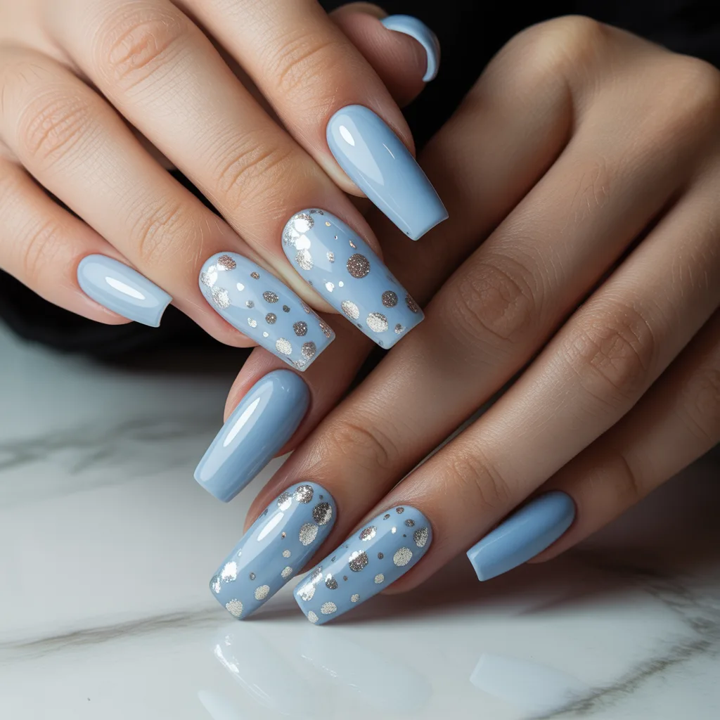 Powder Blue with Glitter Polka Dots Nails