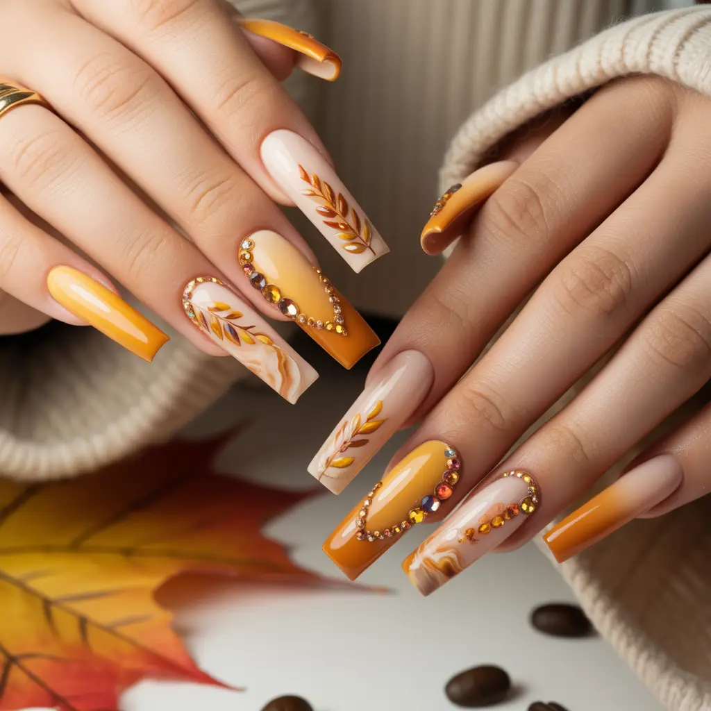 Pumpkin Latte Rhinestone Accent Nails