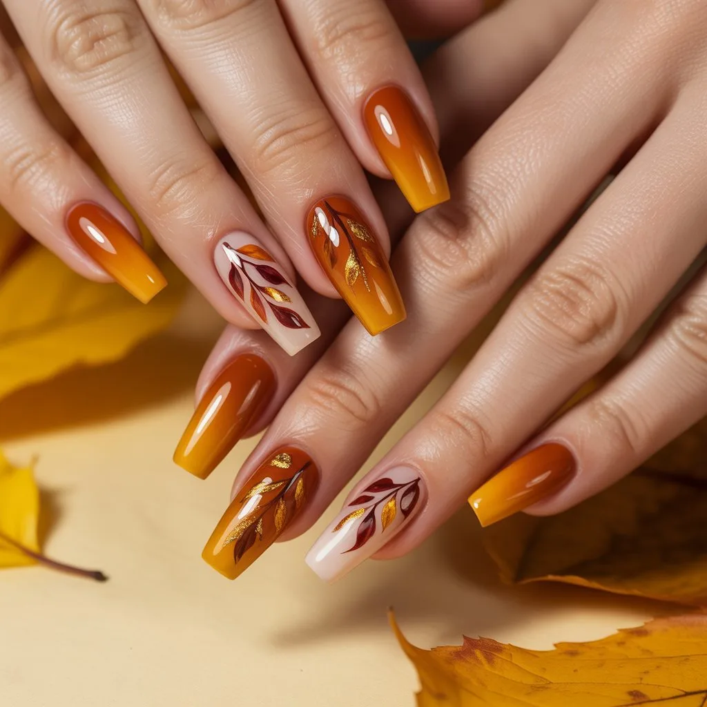 Pumpkin Spice Leaf Fade Nails