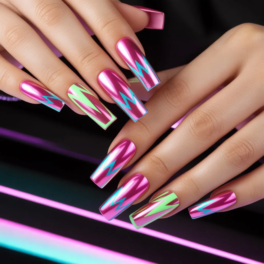 Punch Pink Chrome Neon Nails