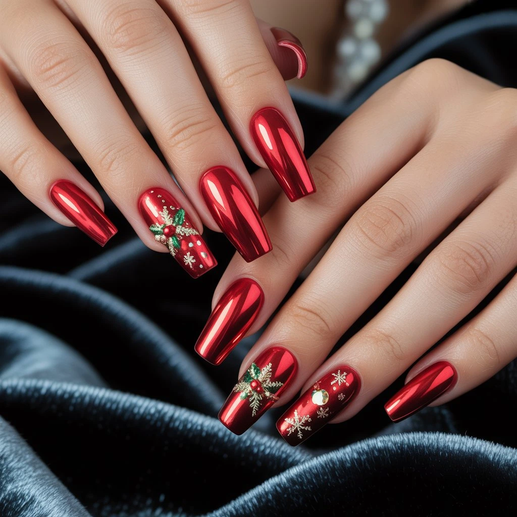 Red Chrome Shimmer Acrylics Nail