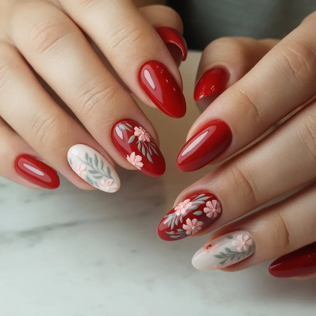 Red Floral Accent Nails 