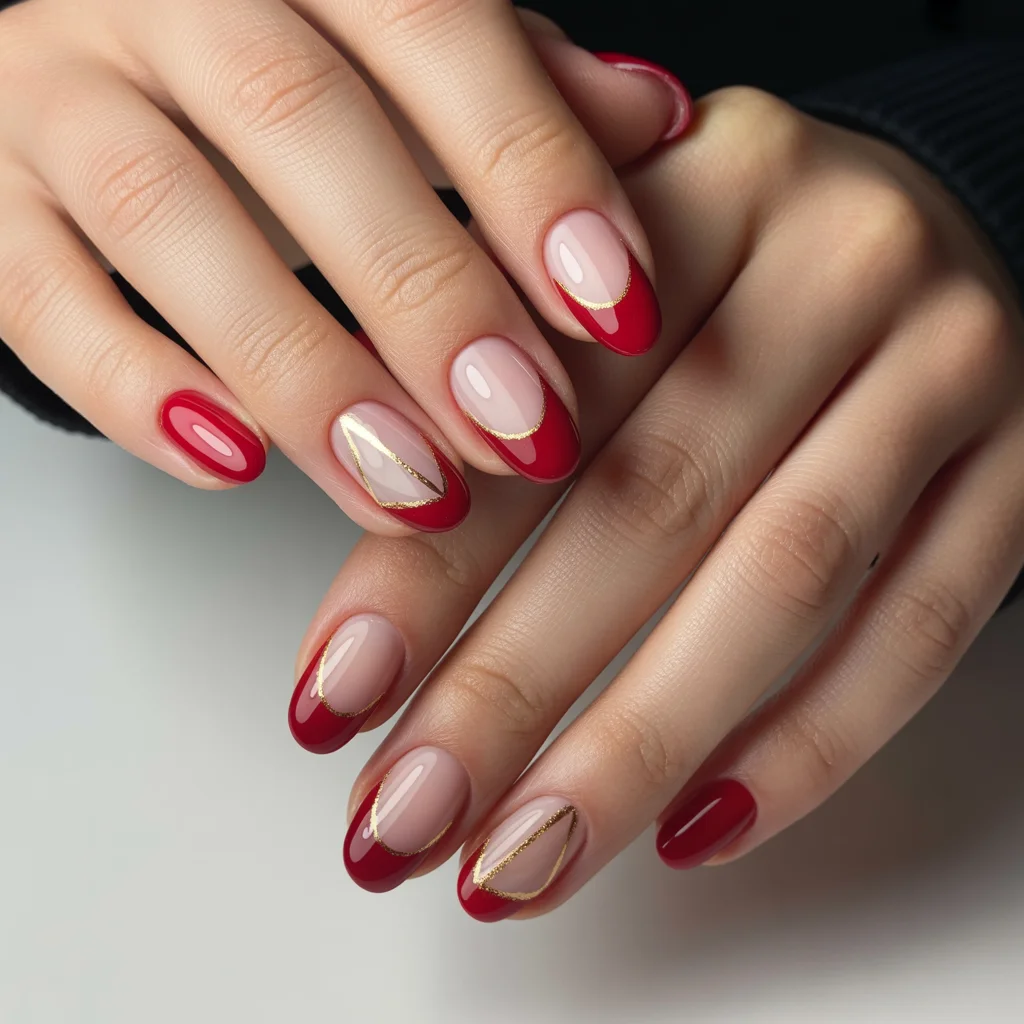 Red French Tips with Gold Accent  Nails