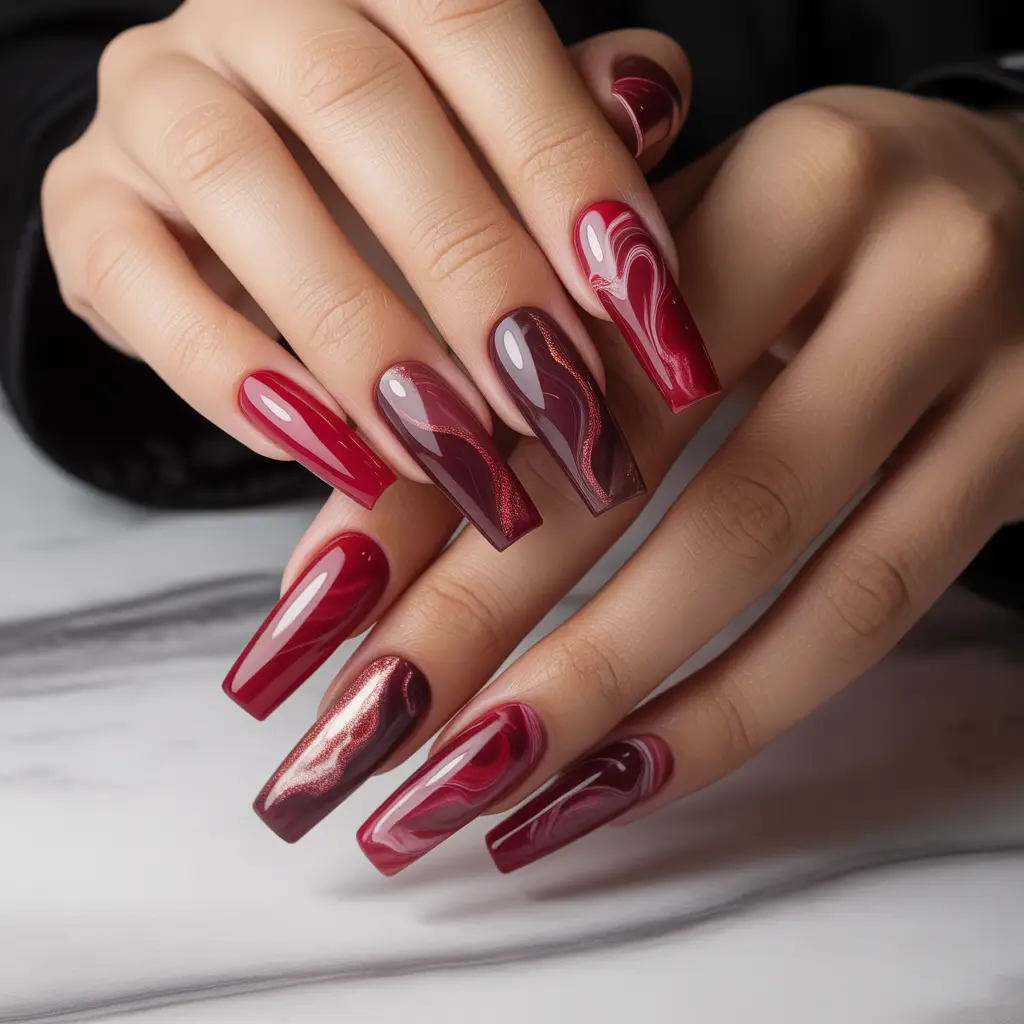 Red Gel Marble Effect Nails