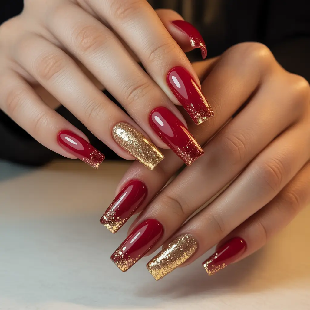 Red Gel Nails with Gold Glitter Nail