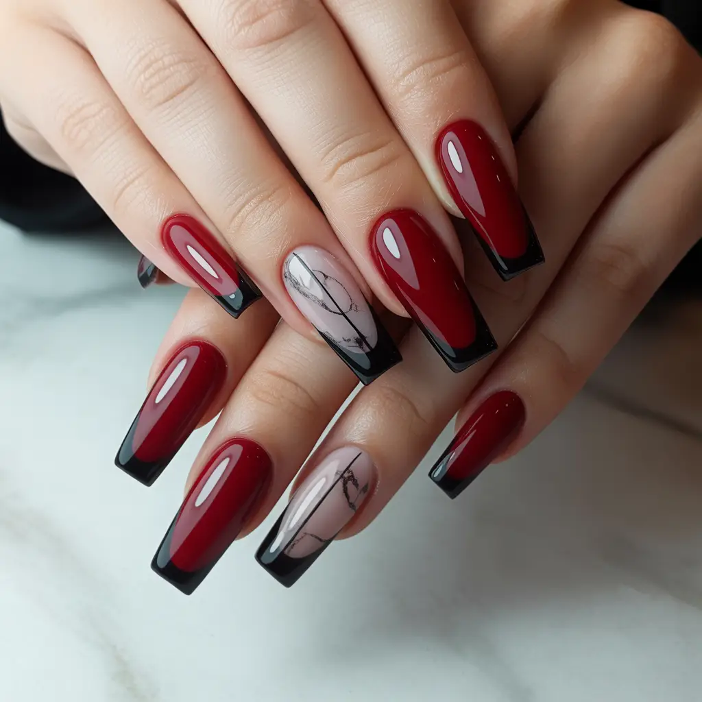 Red Gel with Black Accents Nails