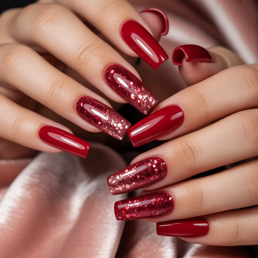  Red Glitter Gradient nails