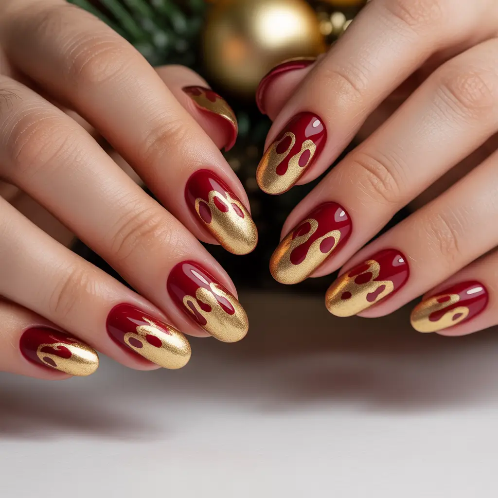 Red & Gold Drip Nails