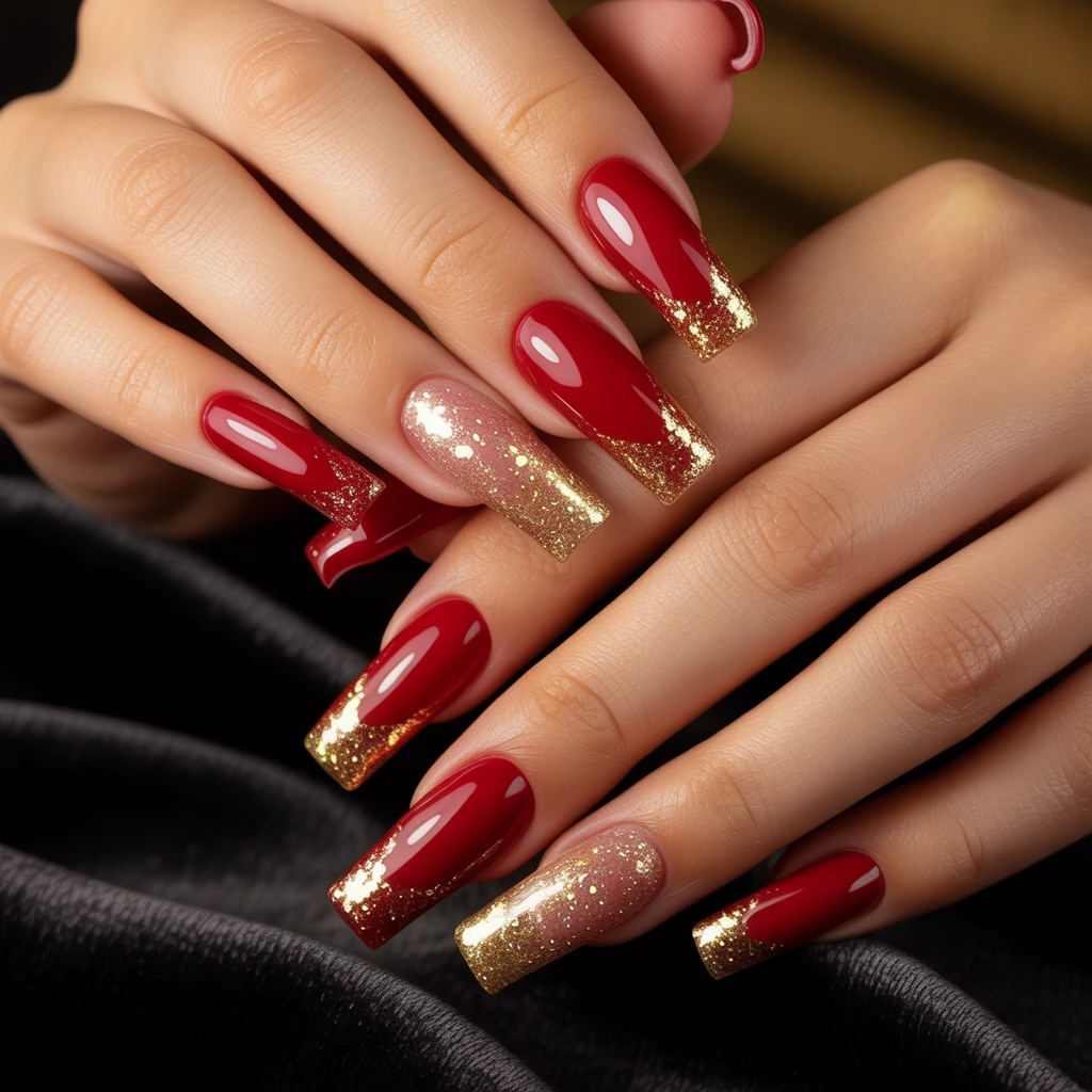 Red + Gold Glitter French Tips Nails