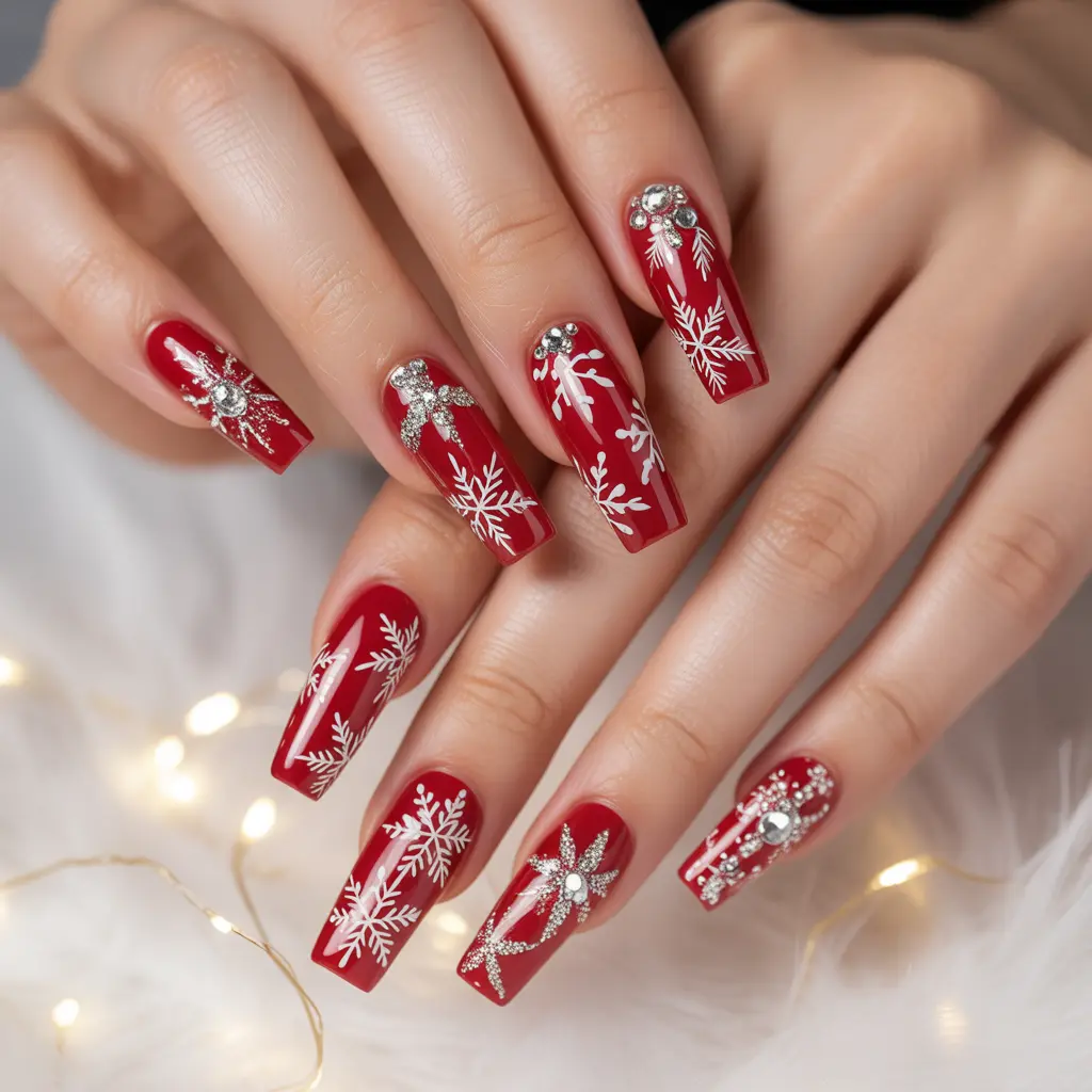 Red Holiday Snowflake Nails