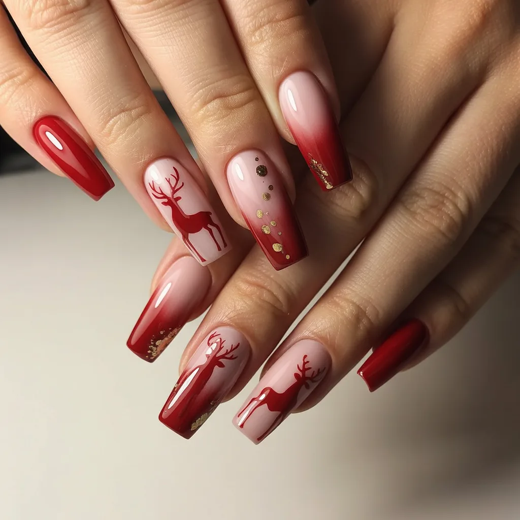  Red Nails with Little Reindeer Nails 