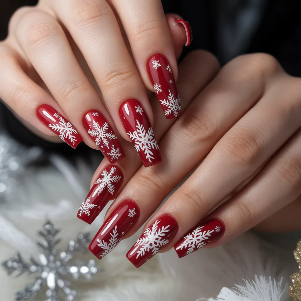  Red Nails with Snowflakes Nails 
